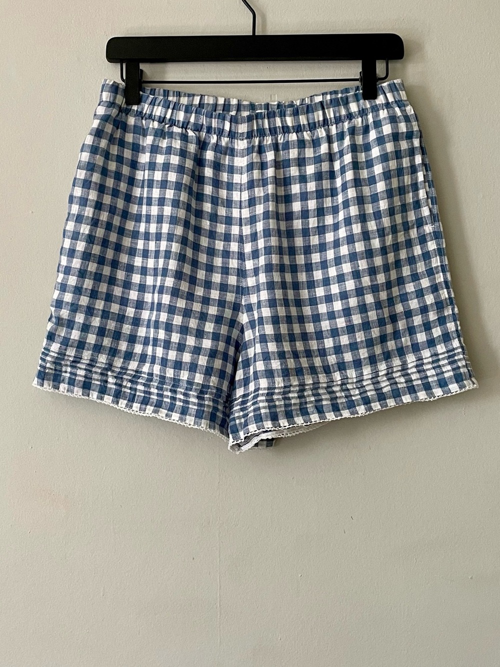 Garnet Hill Washed Linen Pintuck Blue and White Gingham Shorts